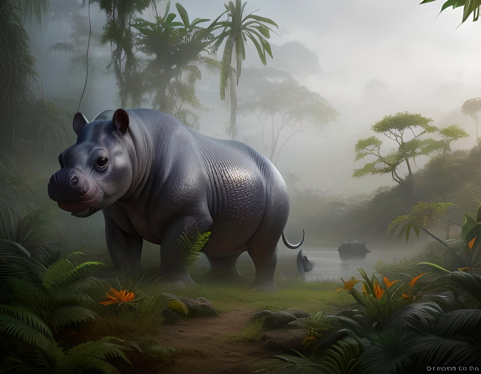 Detailed Matte Painting of a Baby Pygmy Hippo
