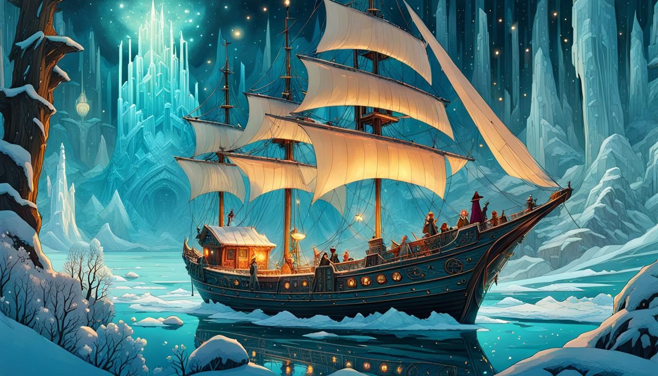 Beautiful sailboat in a fantasy Iceworld