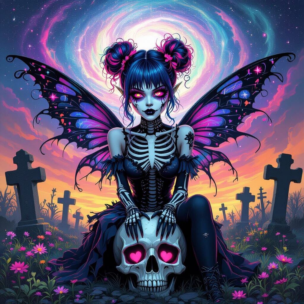 Gothic Fairy with Skeleton Face and Neon Hair on Skull
