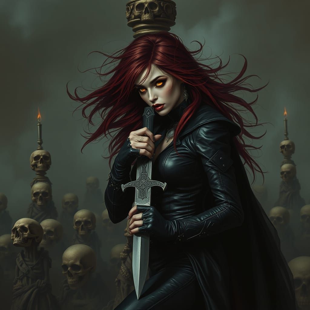 Gothic Woman in Bone Tower Licking Dagger