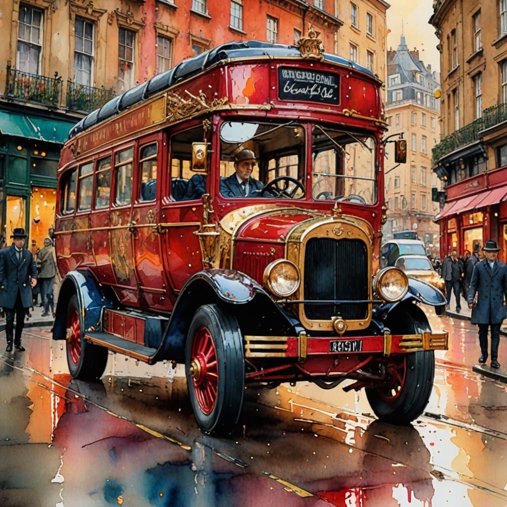 A Masterful Watercolor of a Red Omnibus in Covent-Garden