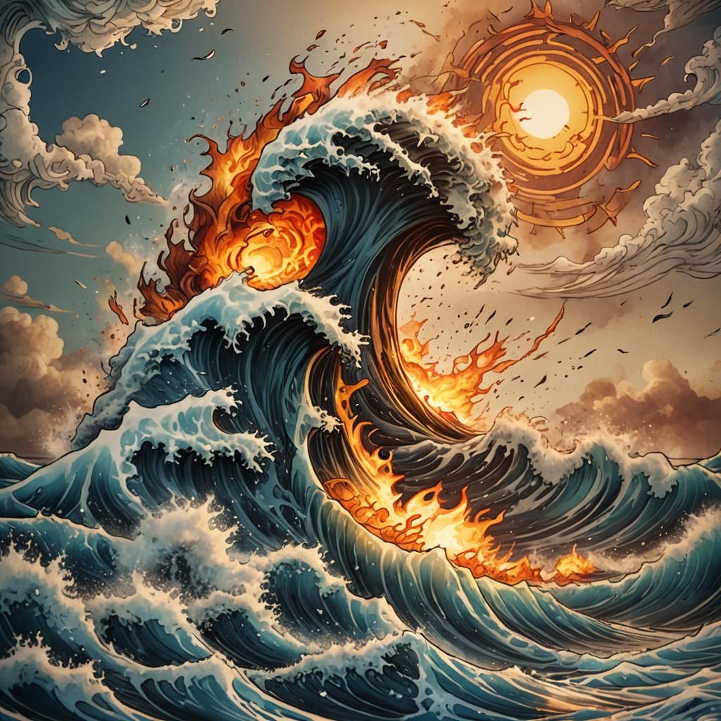 Ocean Wave Crashing Over Burning Sun Tattoo