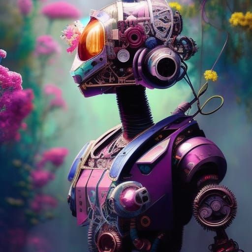 Floral Mecha Robot in Rococo Cyberpunk Style
