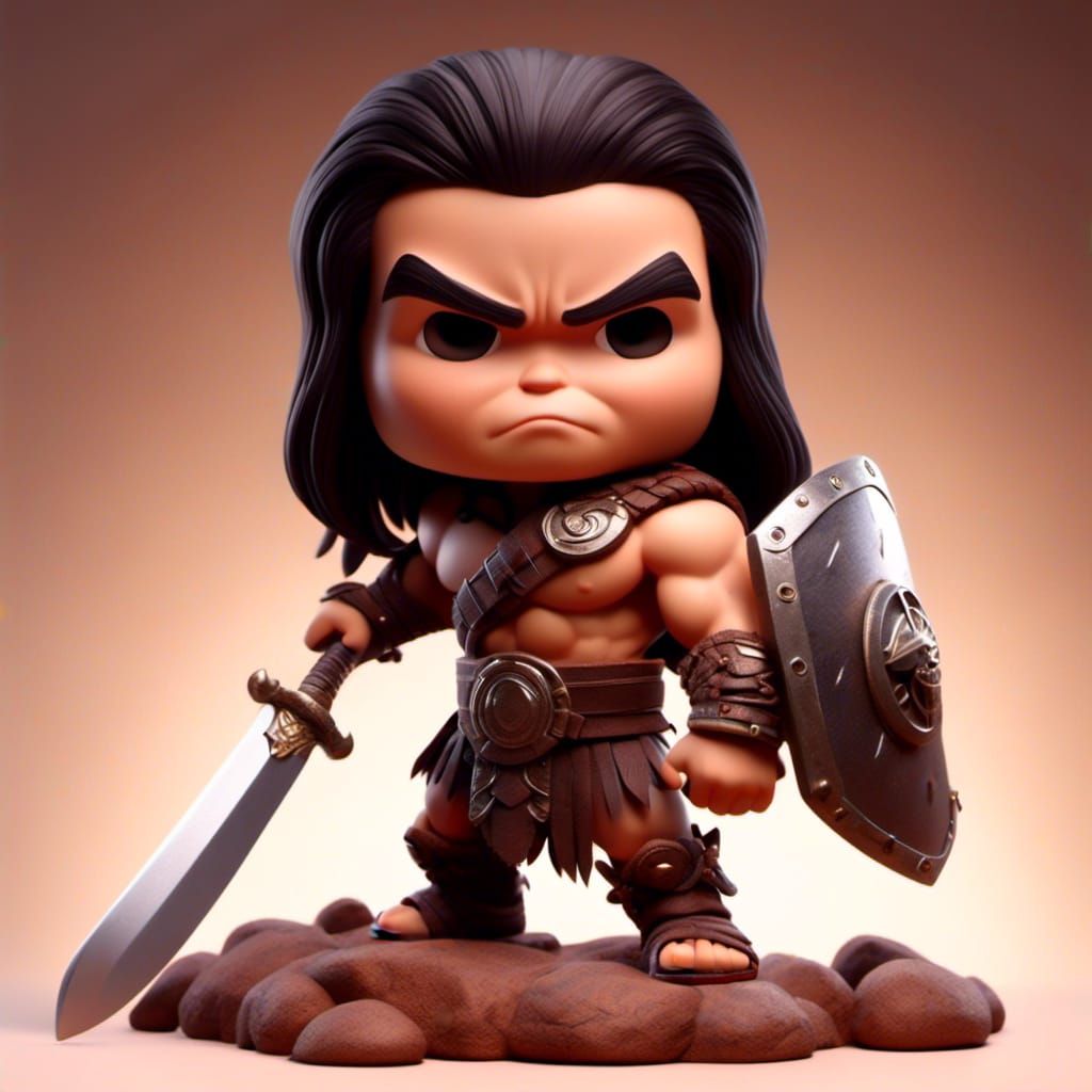 Chibi style Conan the Barbarian with oversized sword, Hybore...