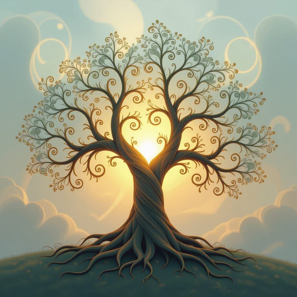Golden Fractal Tree of Life in Ethereal Style