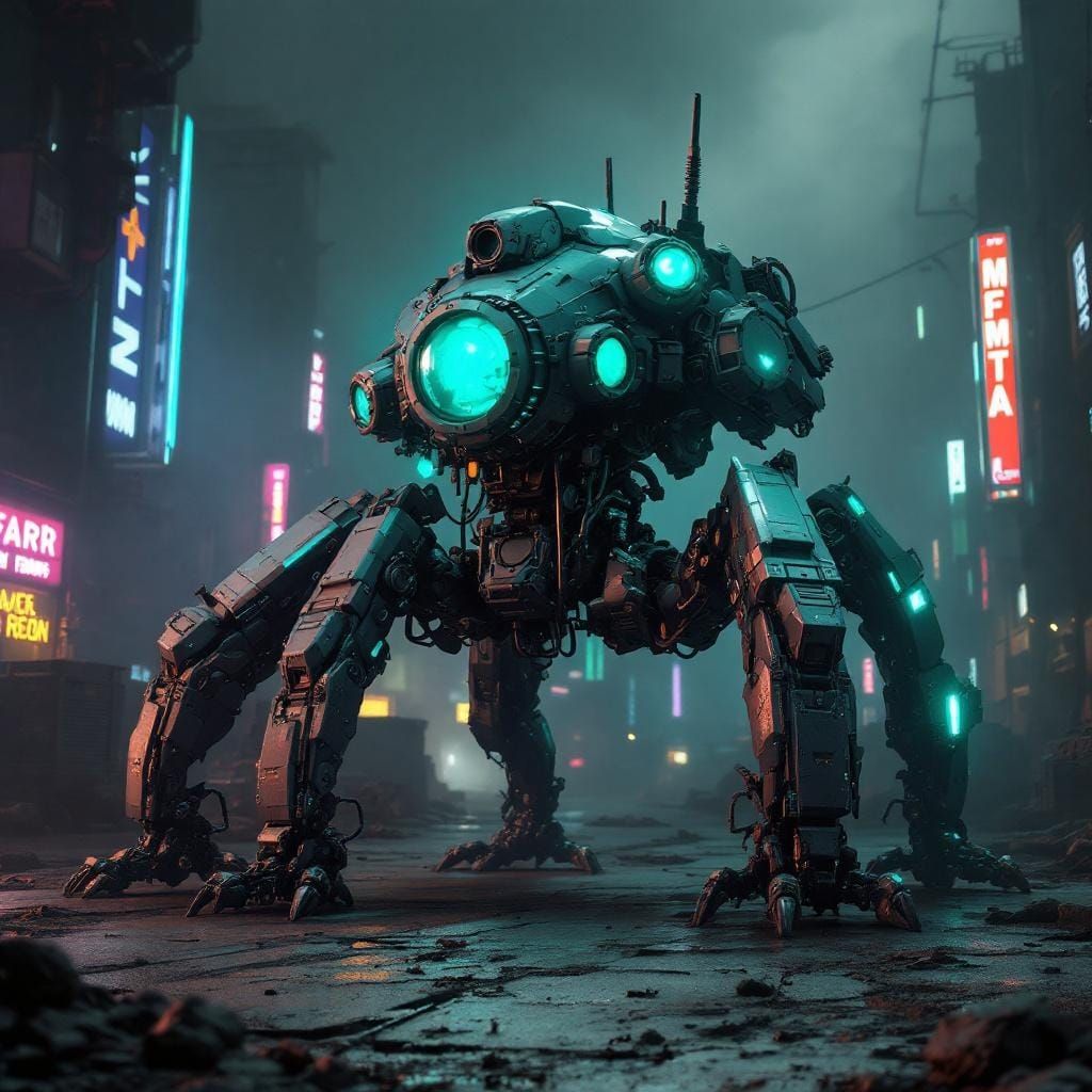 Cyberpunk Quadruped Mech with Tron Highlights