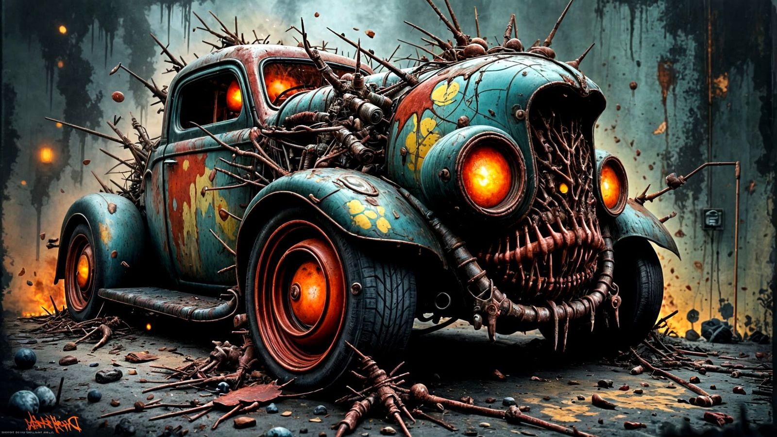 Hot Rod with Comical Monster Driver in Grunge Style