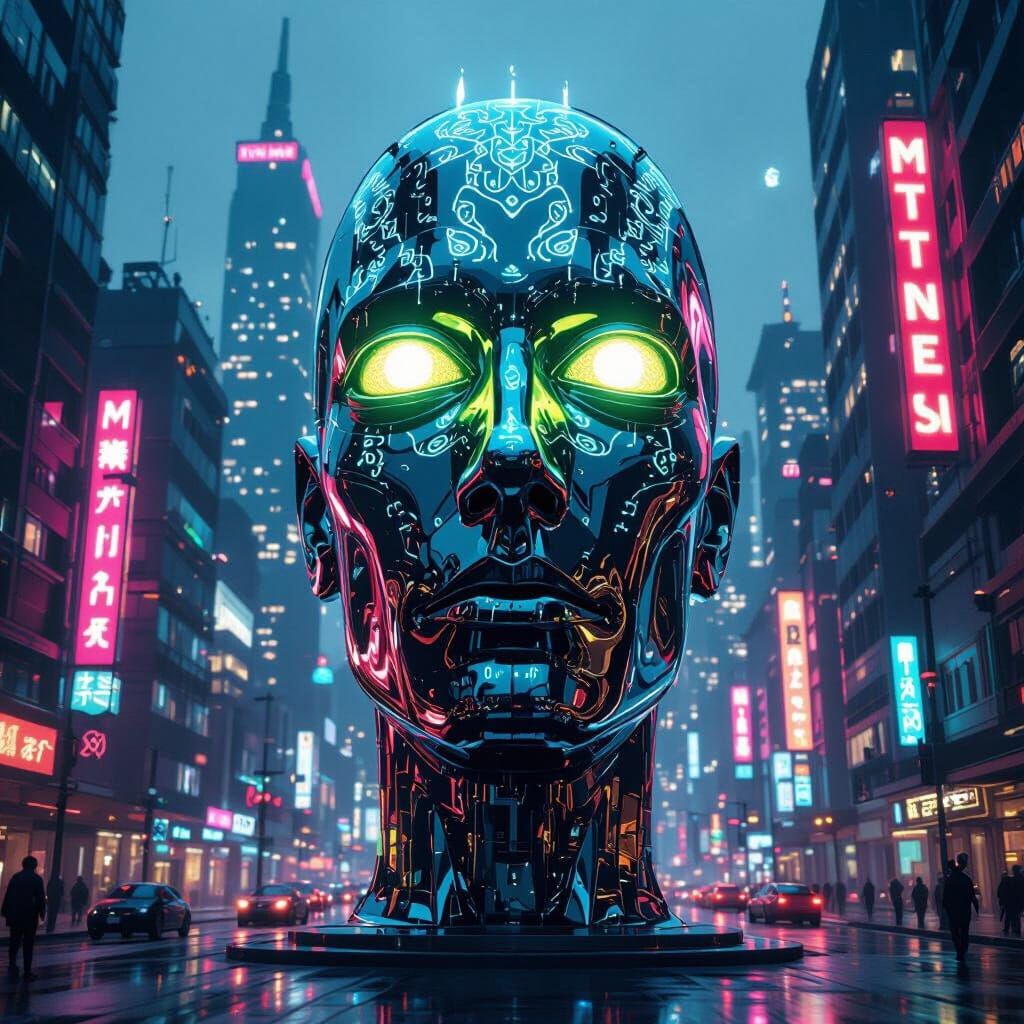 Futuristic BassMan Statue in Bioluminescent Cityscape