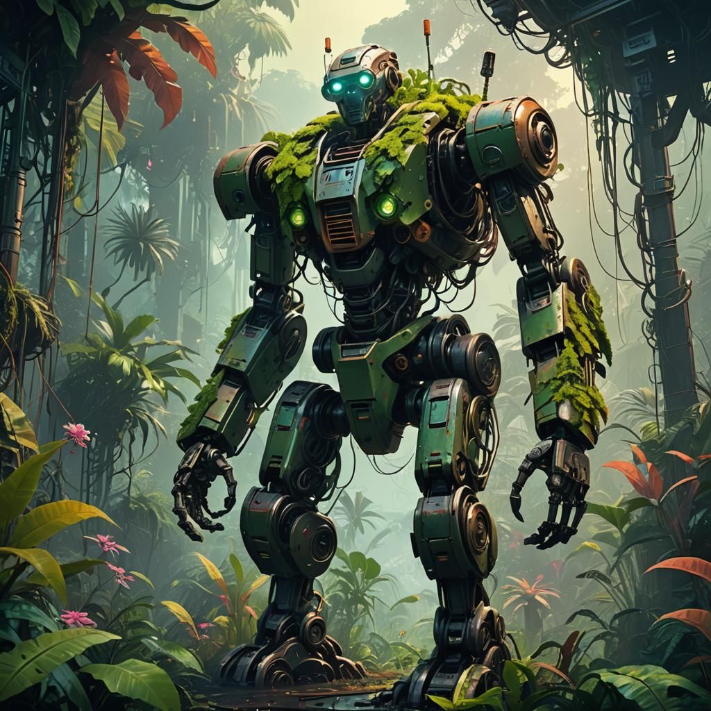 Robot in Jungle: Retro-Futuristic Sci-Fi Concept Art