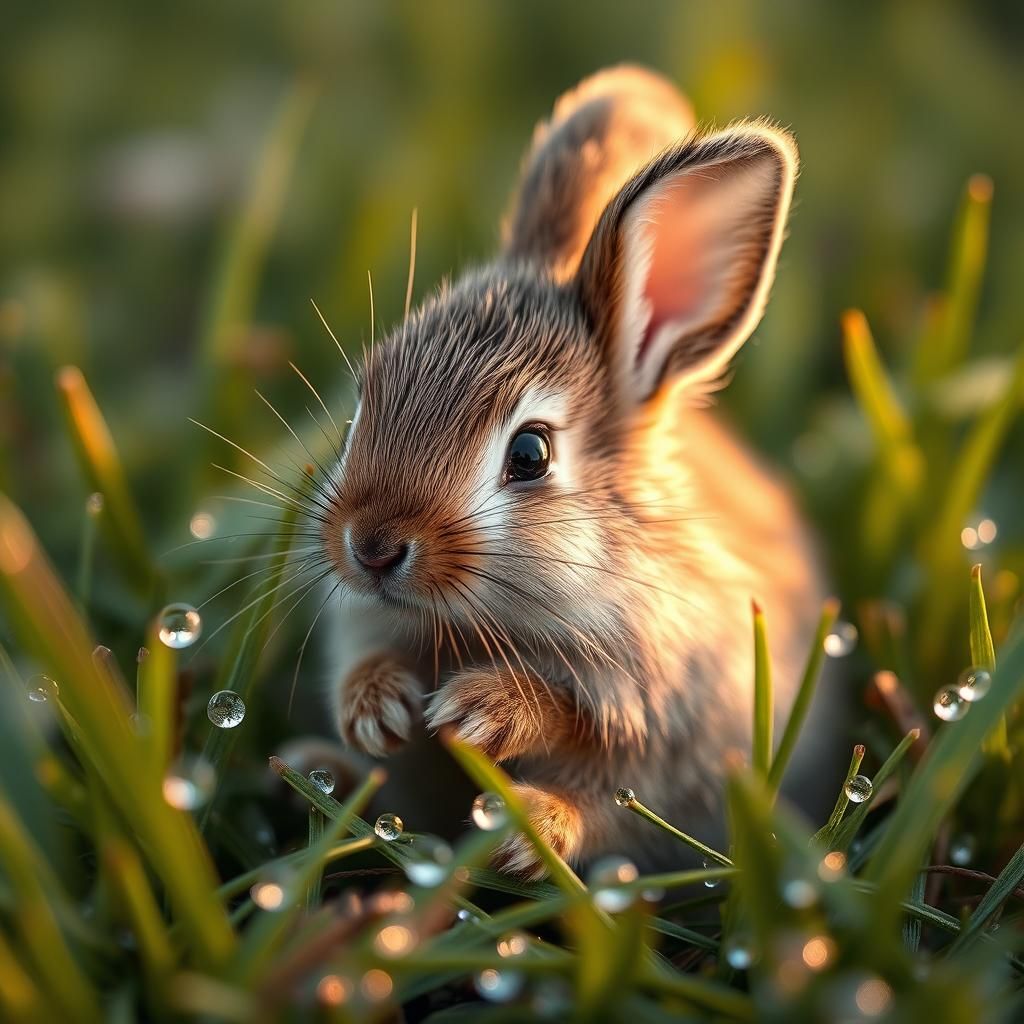 Microscopic Bunny in Dewy Grass: Hyperrealistic Digital Art