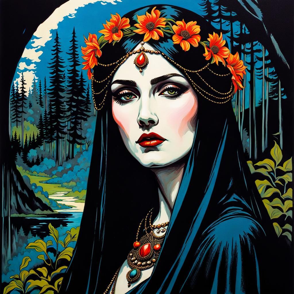 Gothic Druidess: Gouache and Ink Print