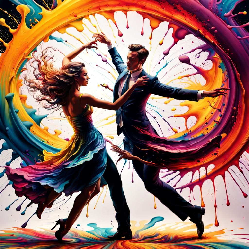 Elegant Couple Dancing in Vibrant Ink Splatter Art