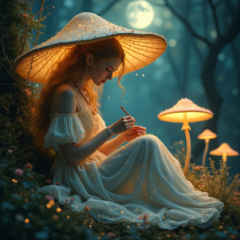 Celestial Seamstress Mending Reality in Art Nouveau Style