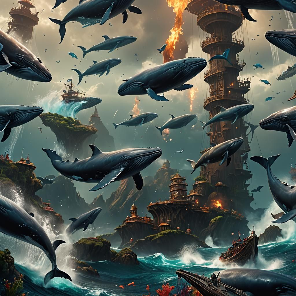Whales Jumping: Detailed Fantasy Art
