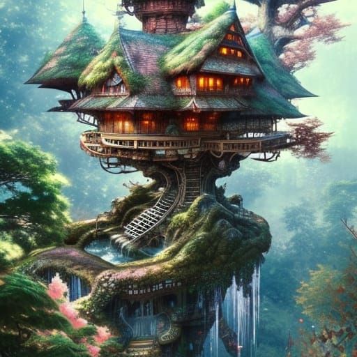 Fantasy Treehouse Castle with Waterfalls, Digital Illustrati...