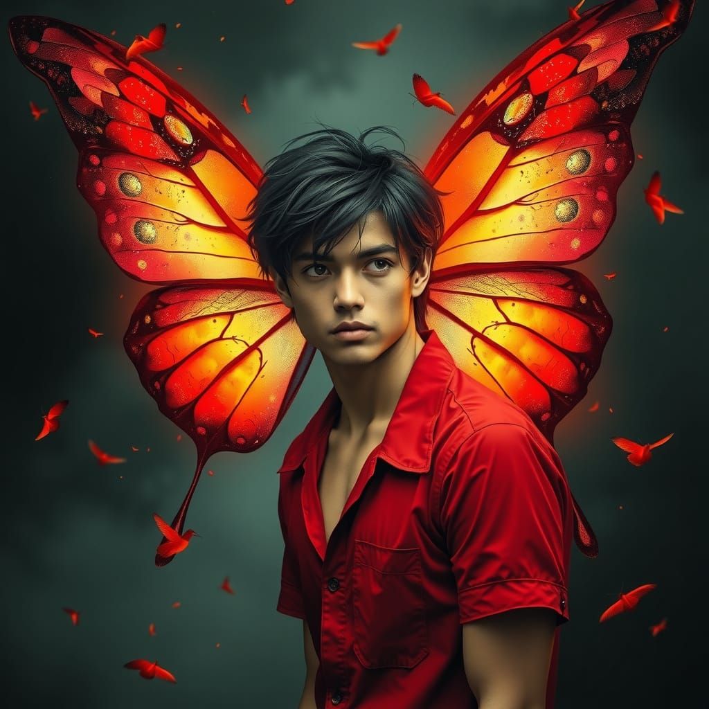 Fantasy. A butterfly man with red wings wearing a red shirt.