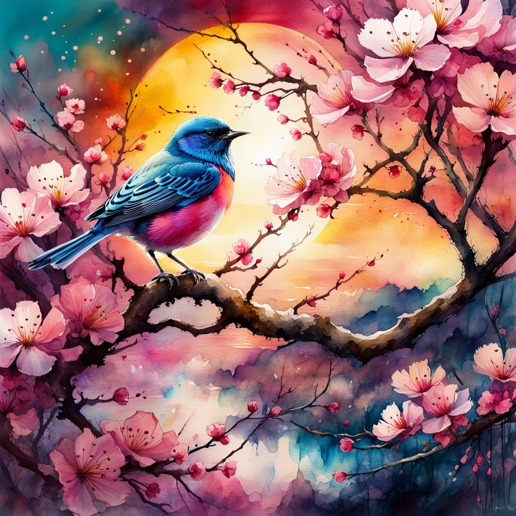 Watercolor Bird in Cherry Blossom Fantasy Landscape
