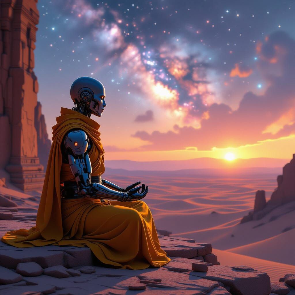 Cyborg Monk Meditating in Alien Desert Landscape