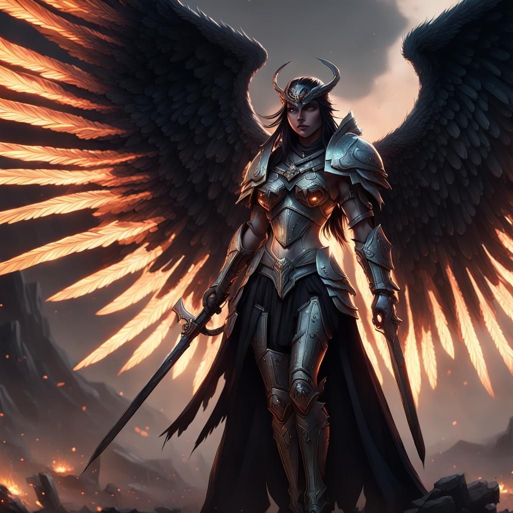 Dark Armored Warlord with Angel Wings in Anime Style