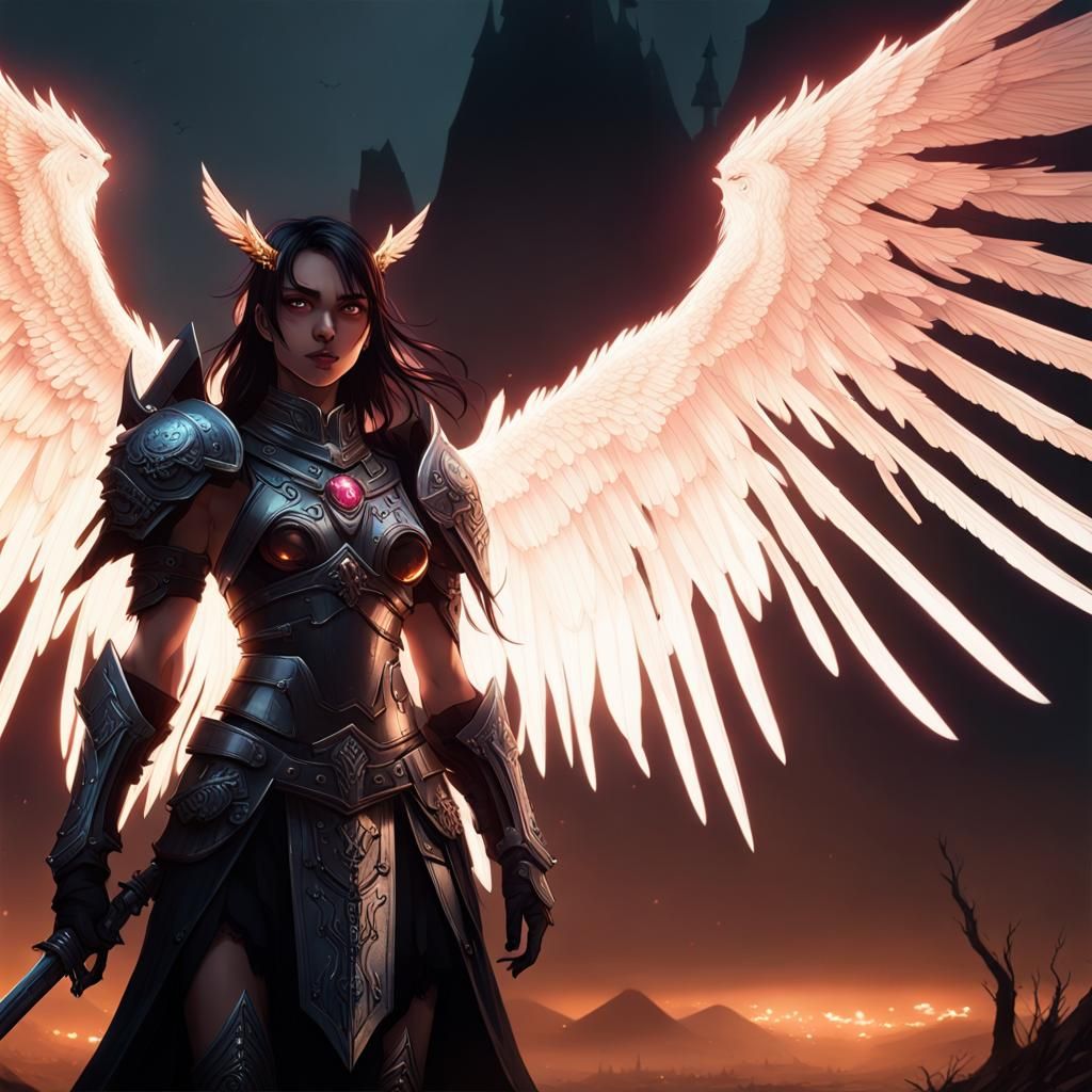 Anime Warlord with Angel Wings on Battlefield