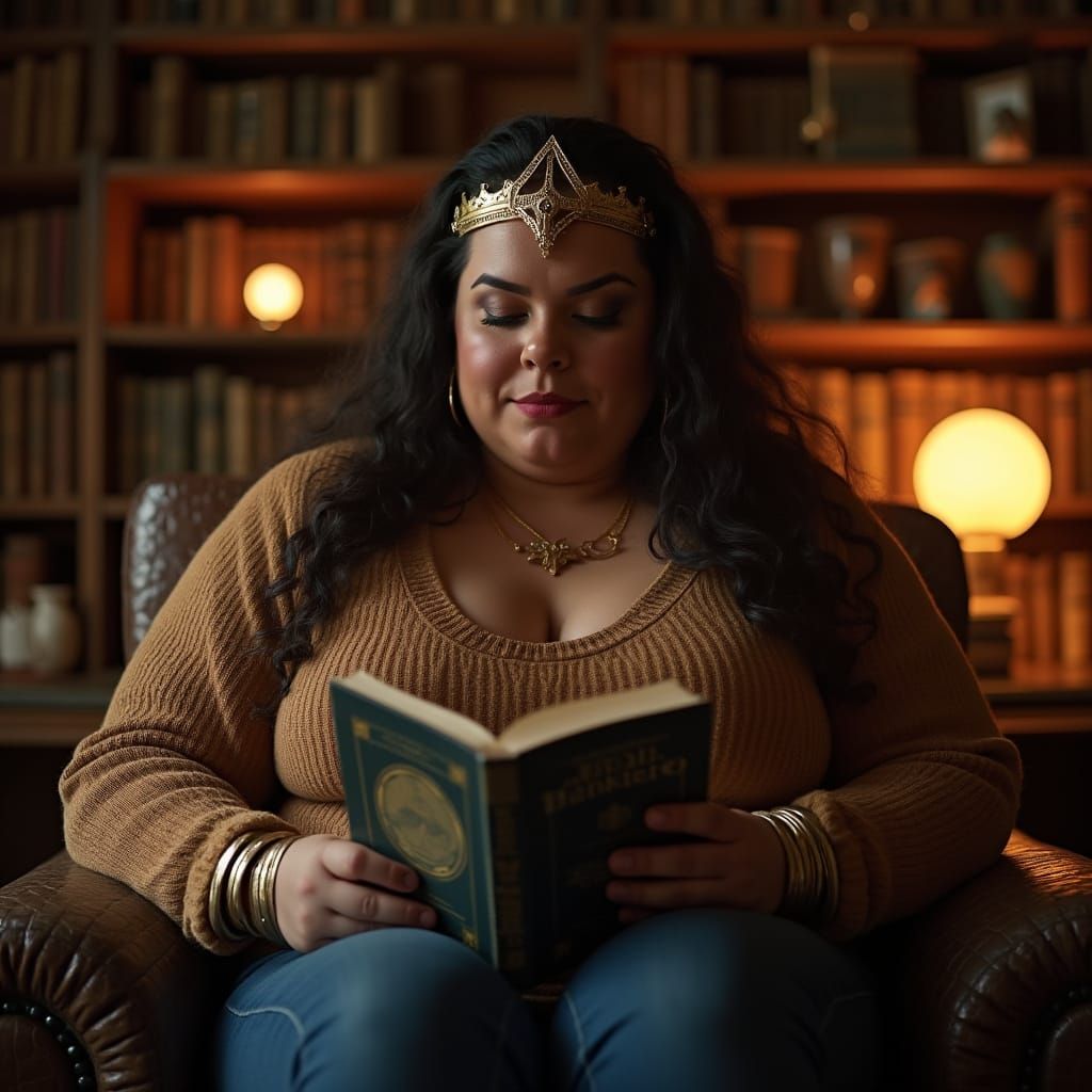 Wonder Woman Reader in Cozy Library, Cinematic Style