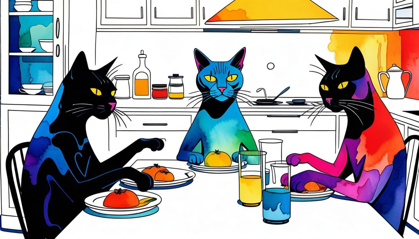 Melancholic Cat Family in Surreal Comic Book Style