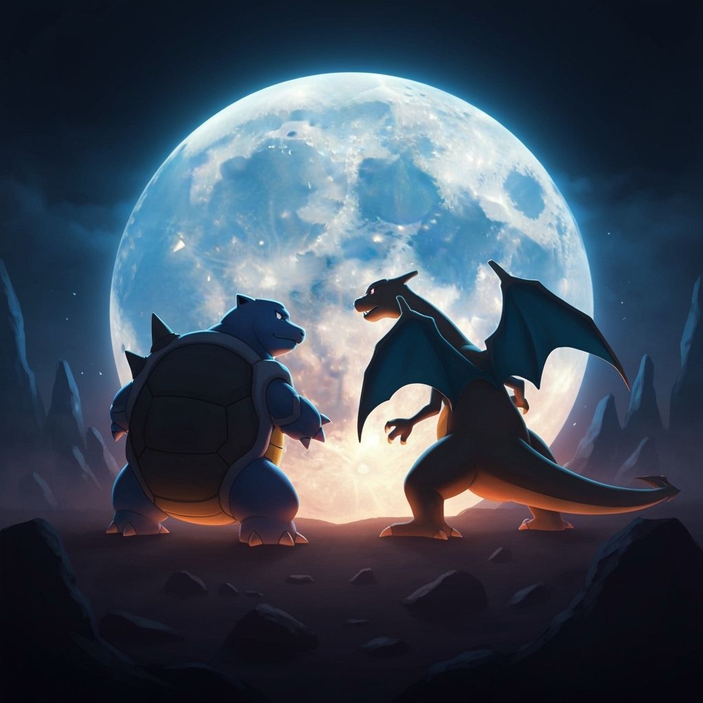 Blastoise and Charizard silhouetted against a moonlit sky