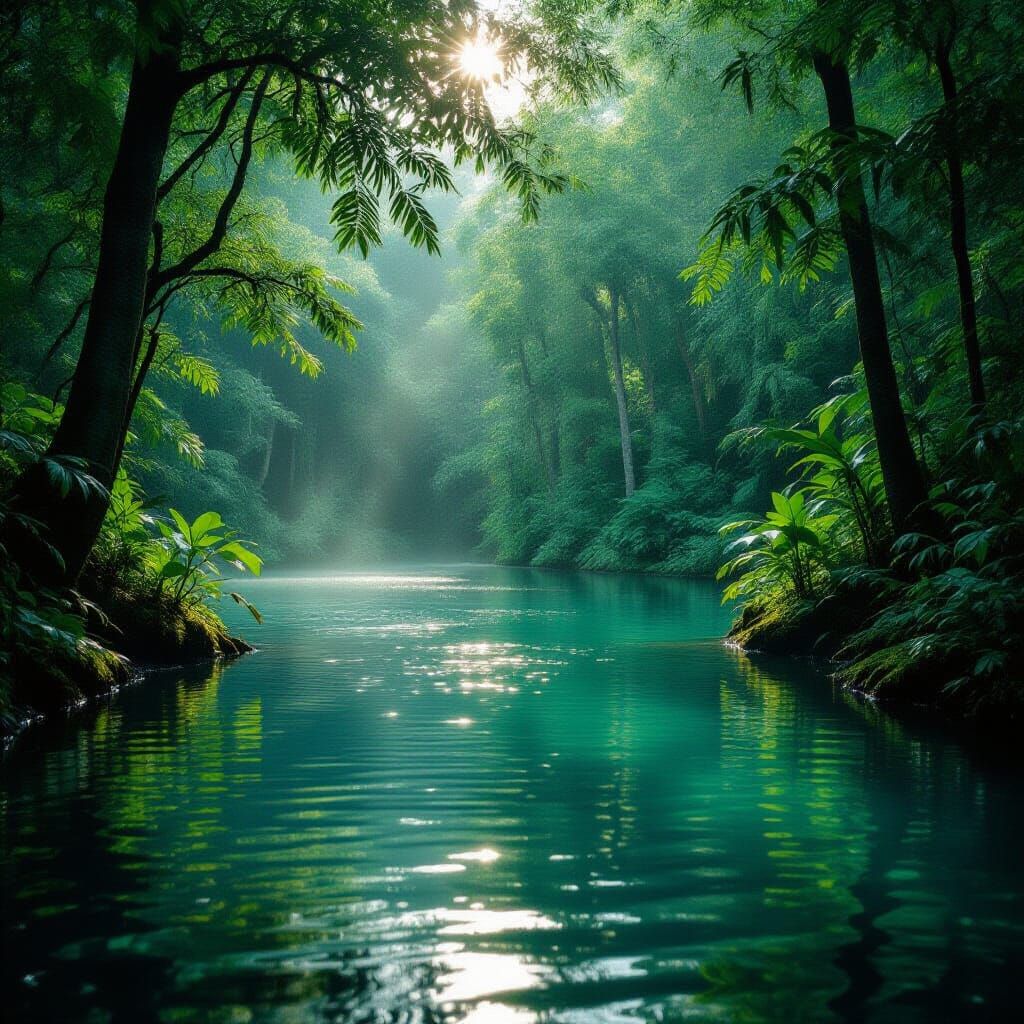 Serene Forest Pool in Cinematic Lighting