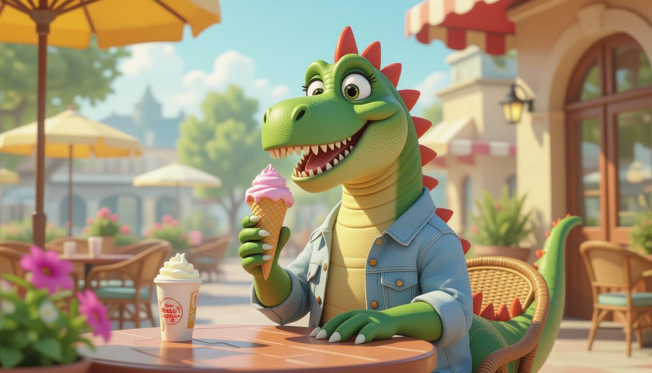 Dinosaur Enjoying Ice Cream: Pixar-Inspired 3D Art