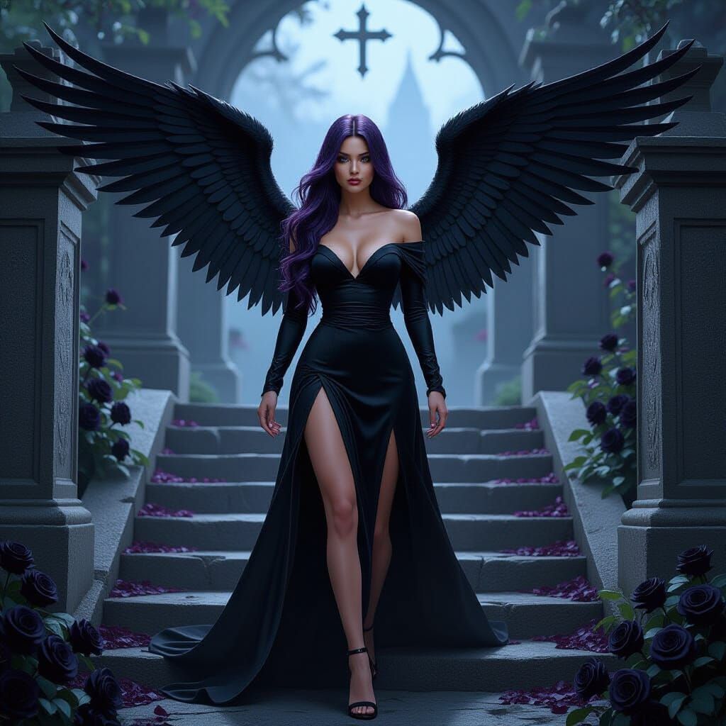 Dark Angel with Purple Hair and Black Wings in Charcoal