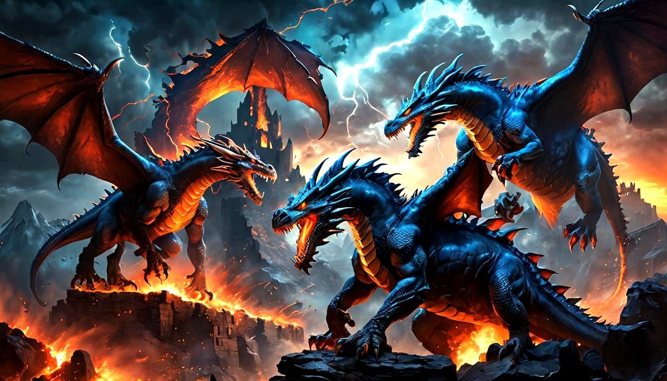 Dragons Unleash Fiery Destruction on Volcanic Landscape