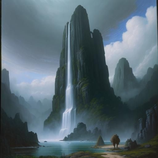 Caveman by Waterfall: Epic Oil Painting Landscape
