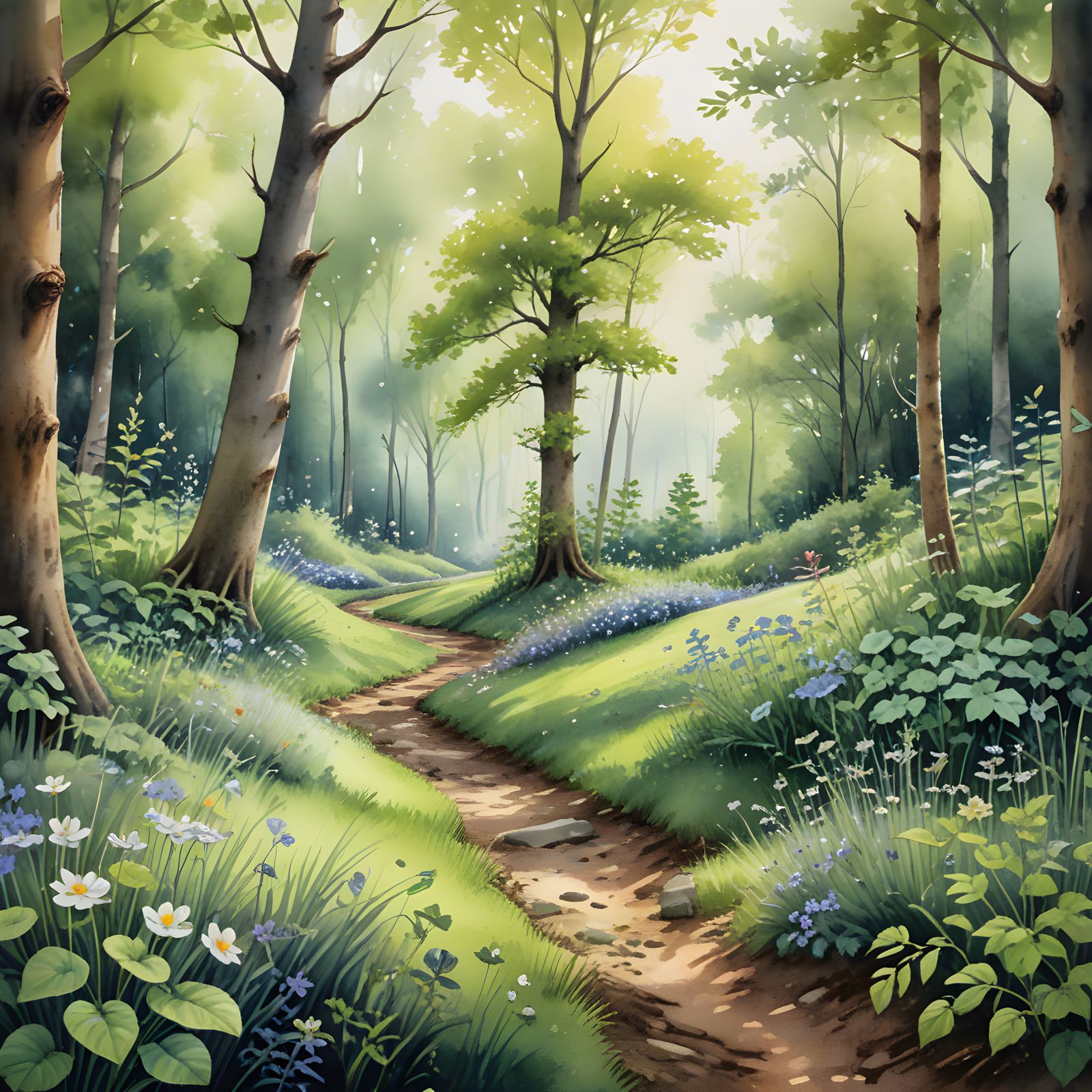 Watercolor Spring Forest Scene with Lush Vegetation