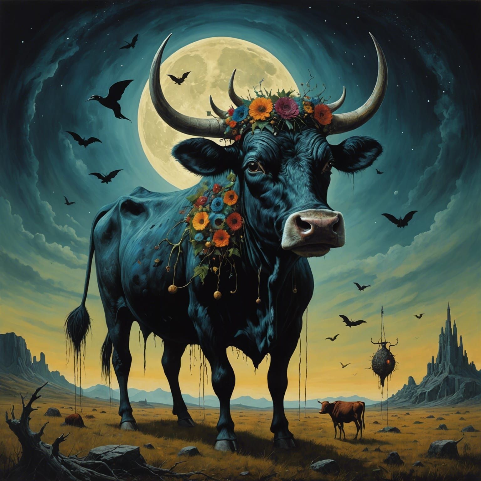 Surreal Midnight Cow Monstrosity in Vorticism Style