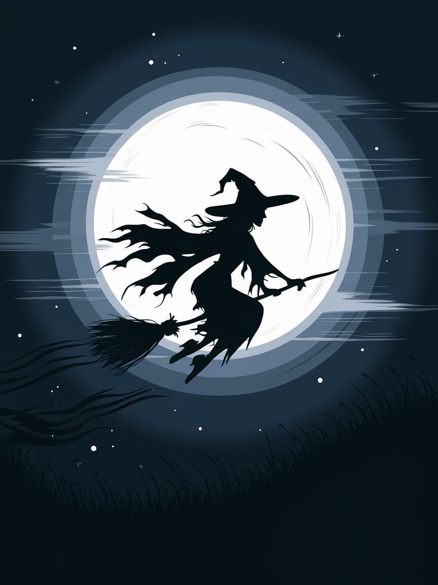 Mystical Witch Silhouette Flying Across Moon
