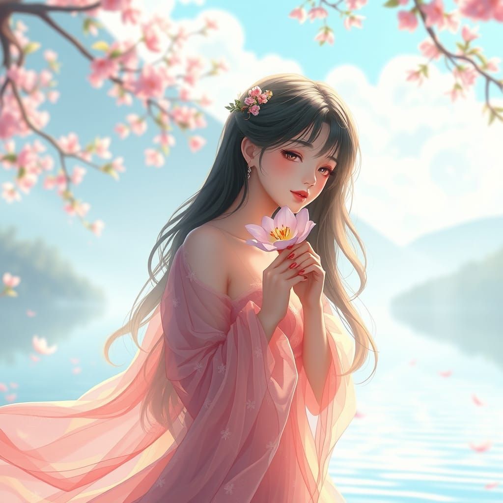 Anime Lady Kisses Flower in Ethereal Lakeside Scene