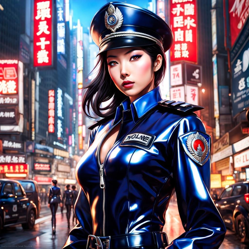 Beautiful Japan Policewoman Portrait in Latex Uniform