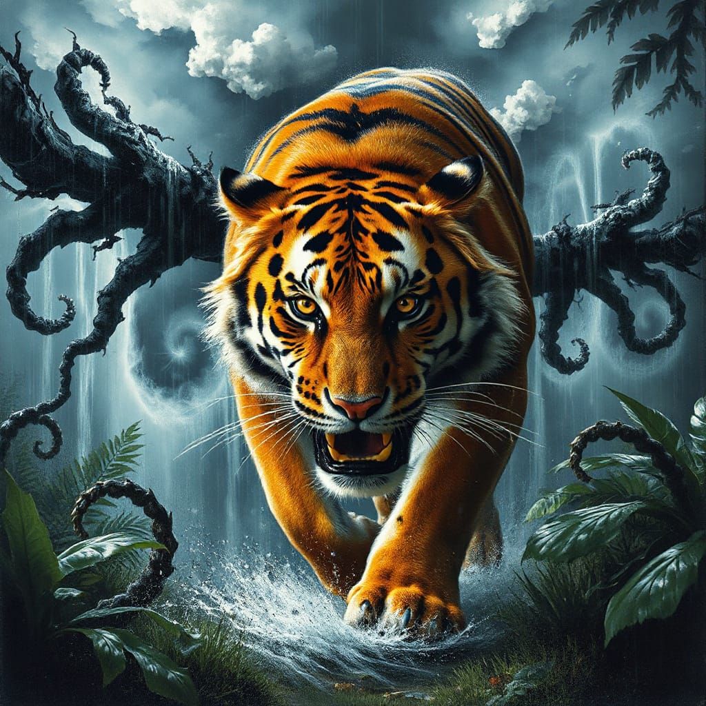 Tiger Prowls Through Jungle in Expressionist Style