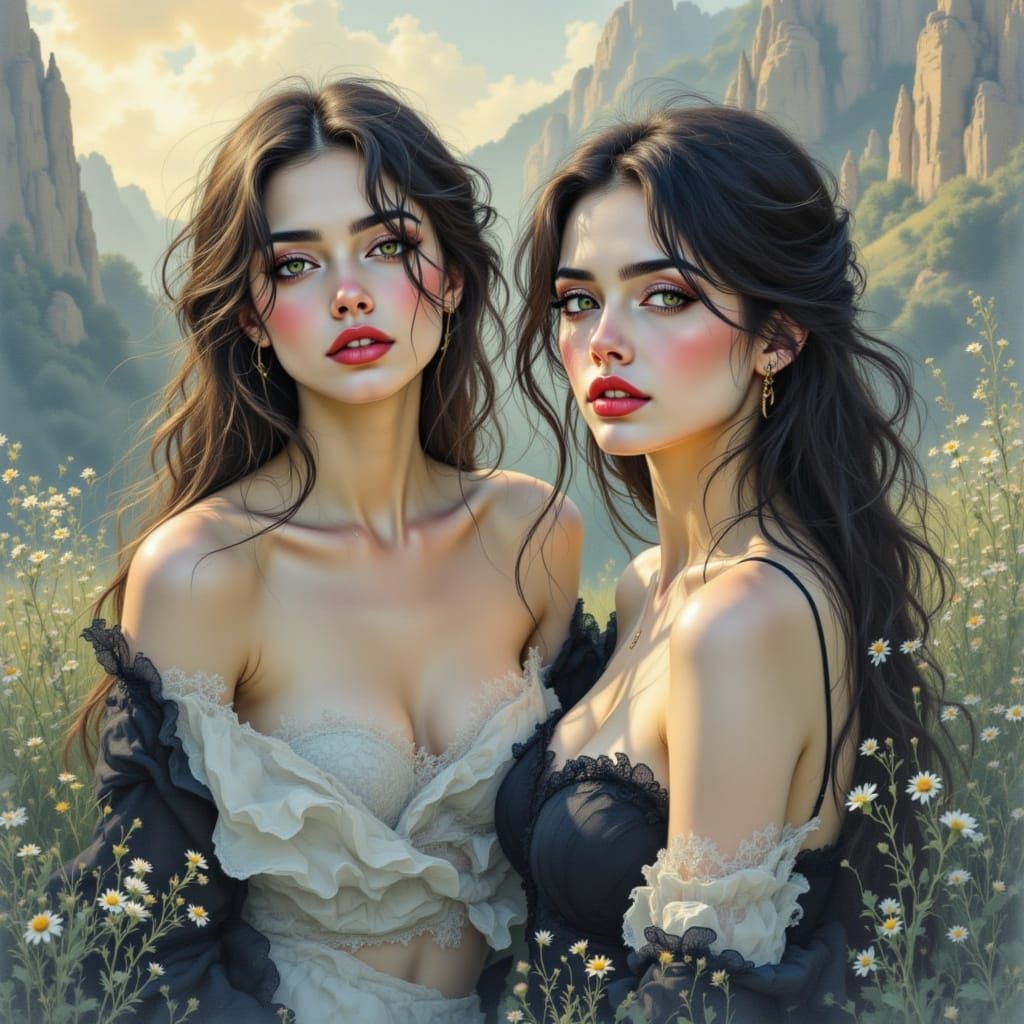 Romantic Art Nouveau Scene in Watercolor Golden Hour