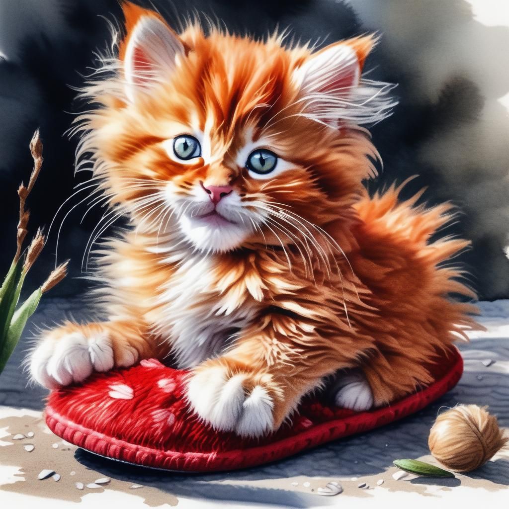 Cute Red Kitten Guards Slippers: Hyperrealistic Macro Photo