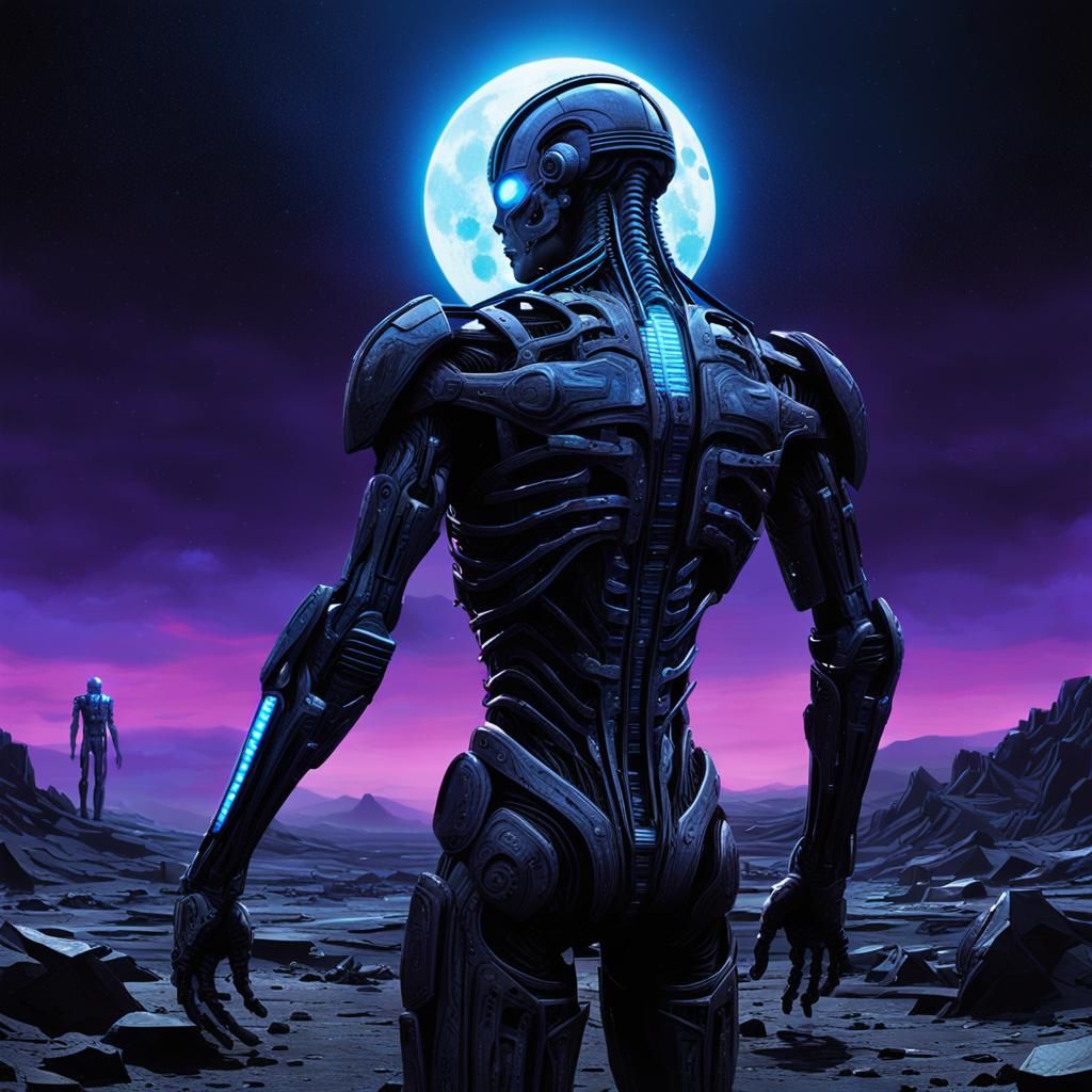 Resurrected Android on Barren Planet in Sci-Fi Style