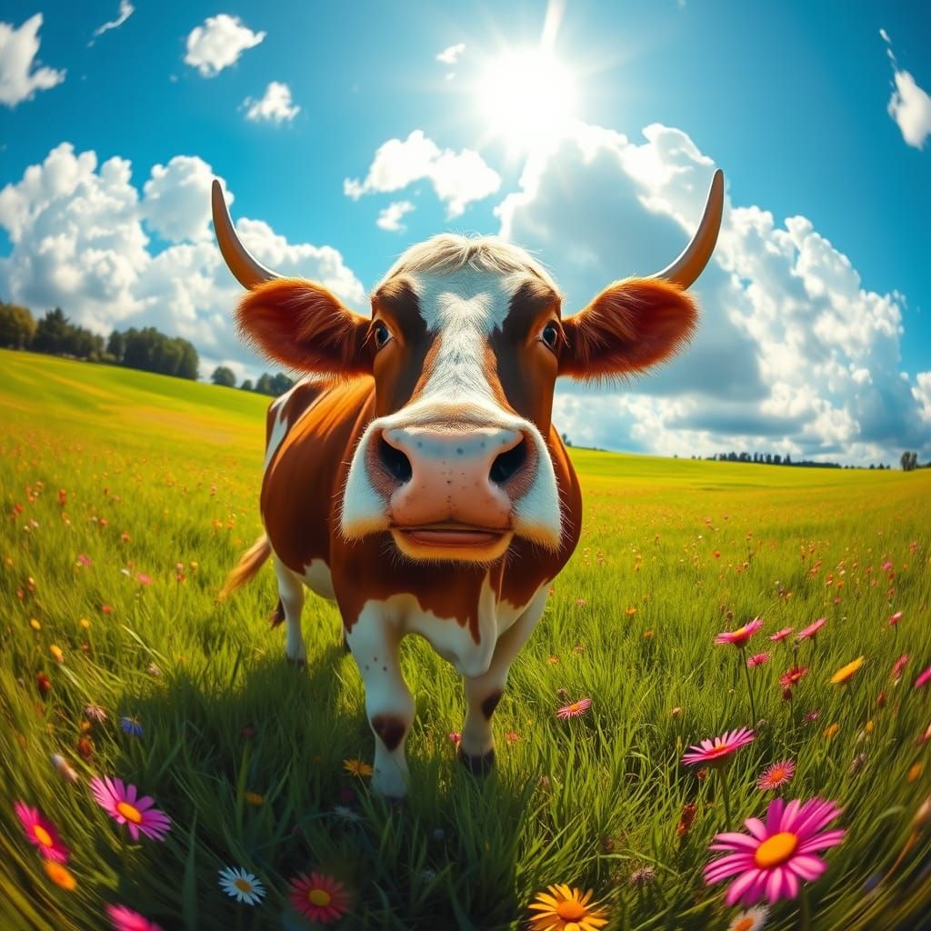 Majestic Cow in Vibrant Field, Manga-Style