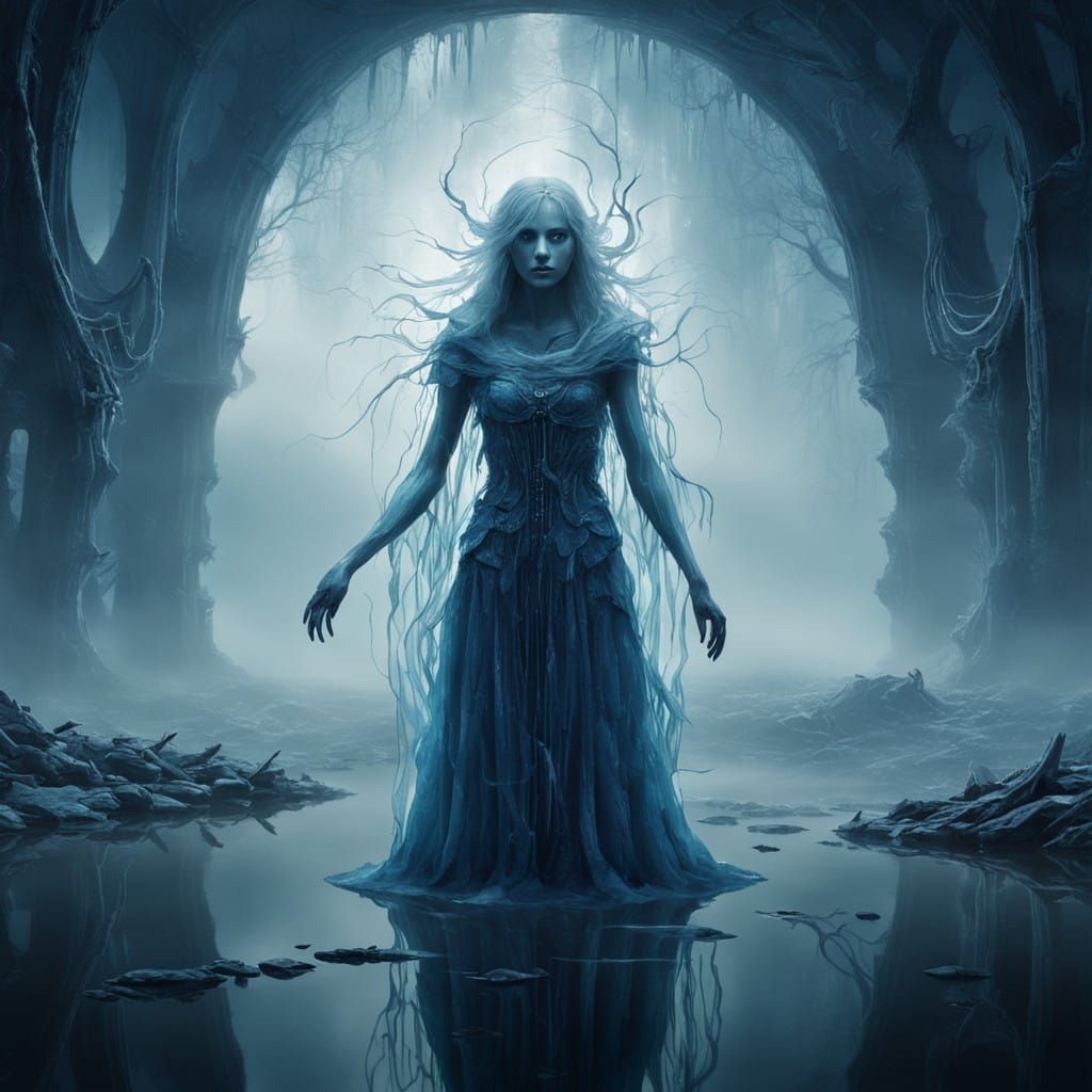 Ethereal Figure in Haunting Dreamlike Landscape