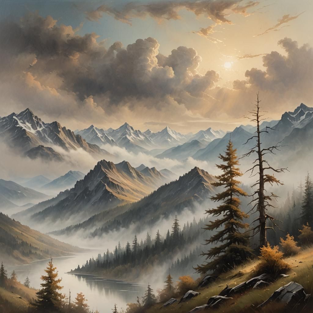 Misty Mountain Landscape Painting in Bierstadt Style