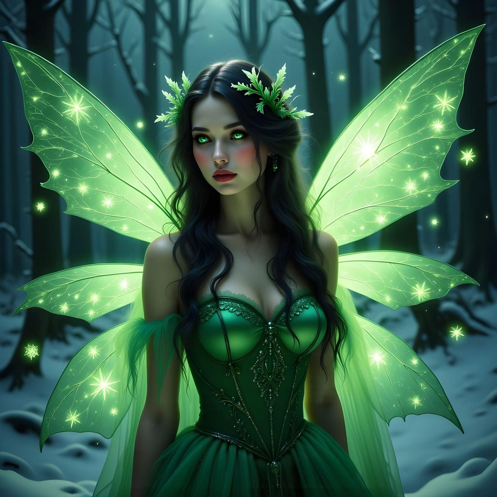 Glowing Iridescent Faerie Queen in Winter Wonderland Fantasy
