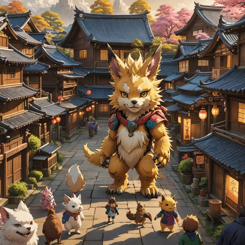 Vibrant Digimon Village in Traditional Japanese Style