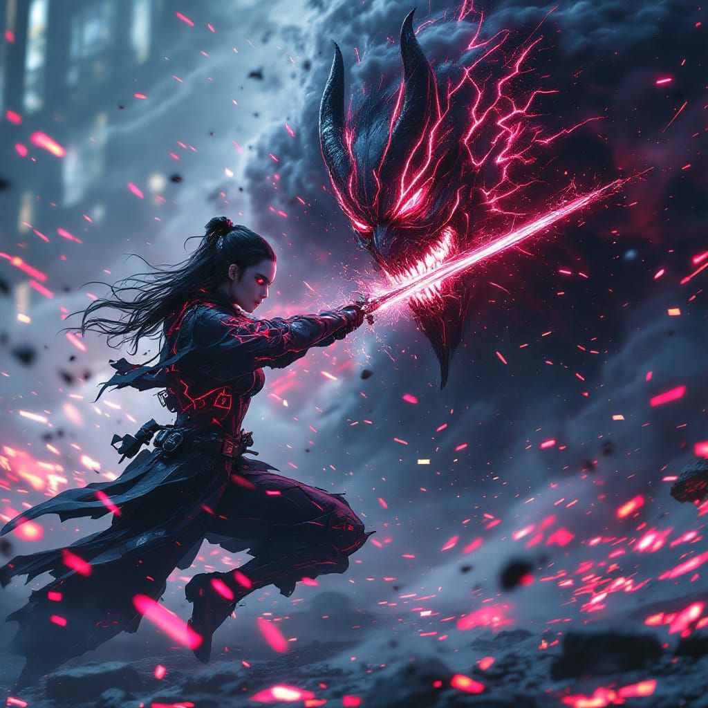 Cyber Yokai Hunter Battles Corrupted Spirit in Neon Realm