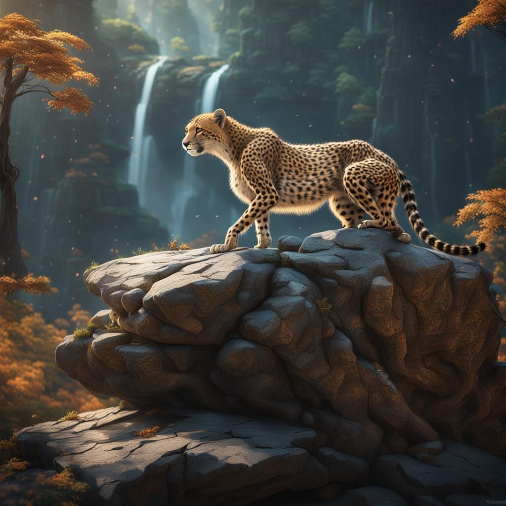 Cheetah on Ledge in Forest: Detailed Matte Painting