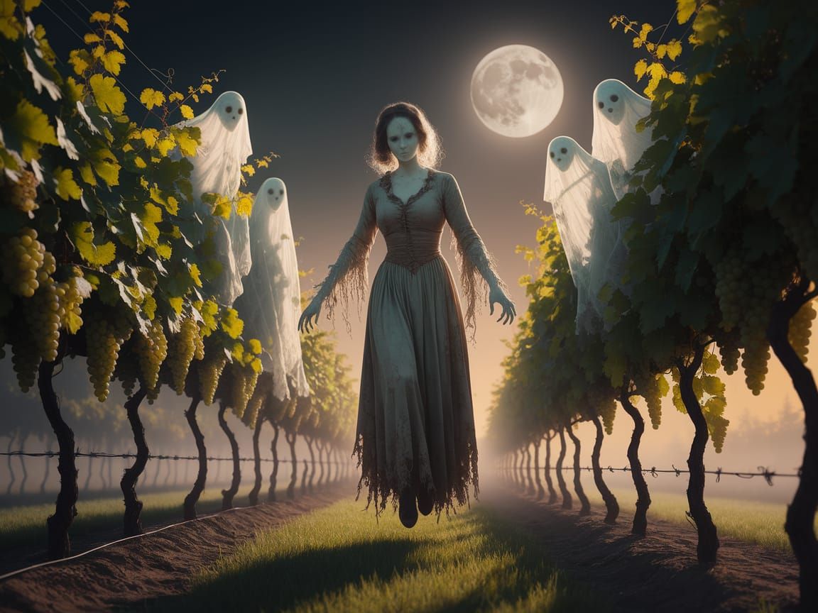 Ghostly Figures in a Moonlit Vineyard Scene
