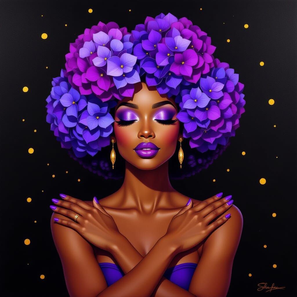 Black Woman with Hydrangea Hair in Radiant Style